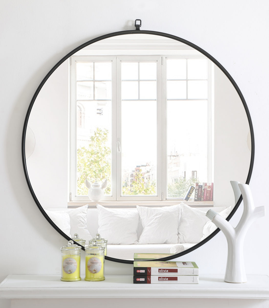 Metal frame Round Mirror with decorative hook 36 inch Black finish