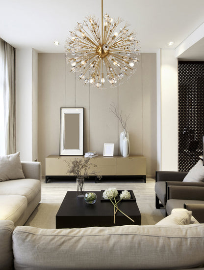 Vera 32 inch crystal starburst round pendant in gold