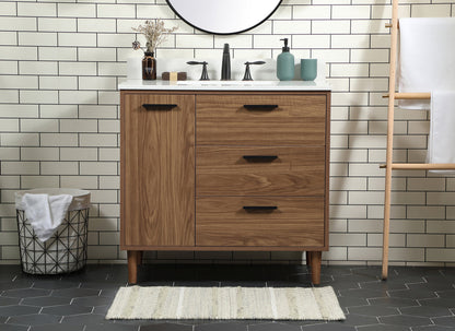 36 inch Single bathroom vanity in walnut brown with backsplash