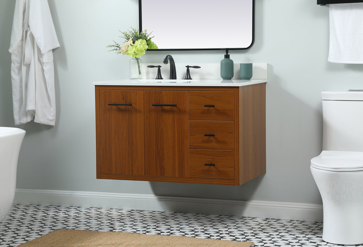 36 inch Single bathroom vanity in teak with backsplash