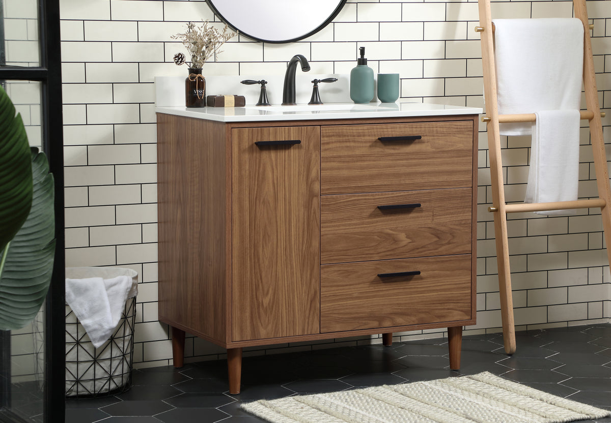36 inch Single bathroom vanity in walnut brown with backsplash
