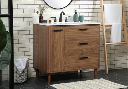 36 inch Single bathroom vanity in walnut brown with backsplash