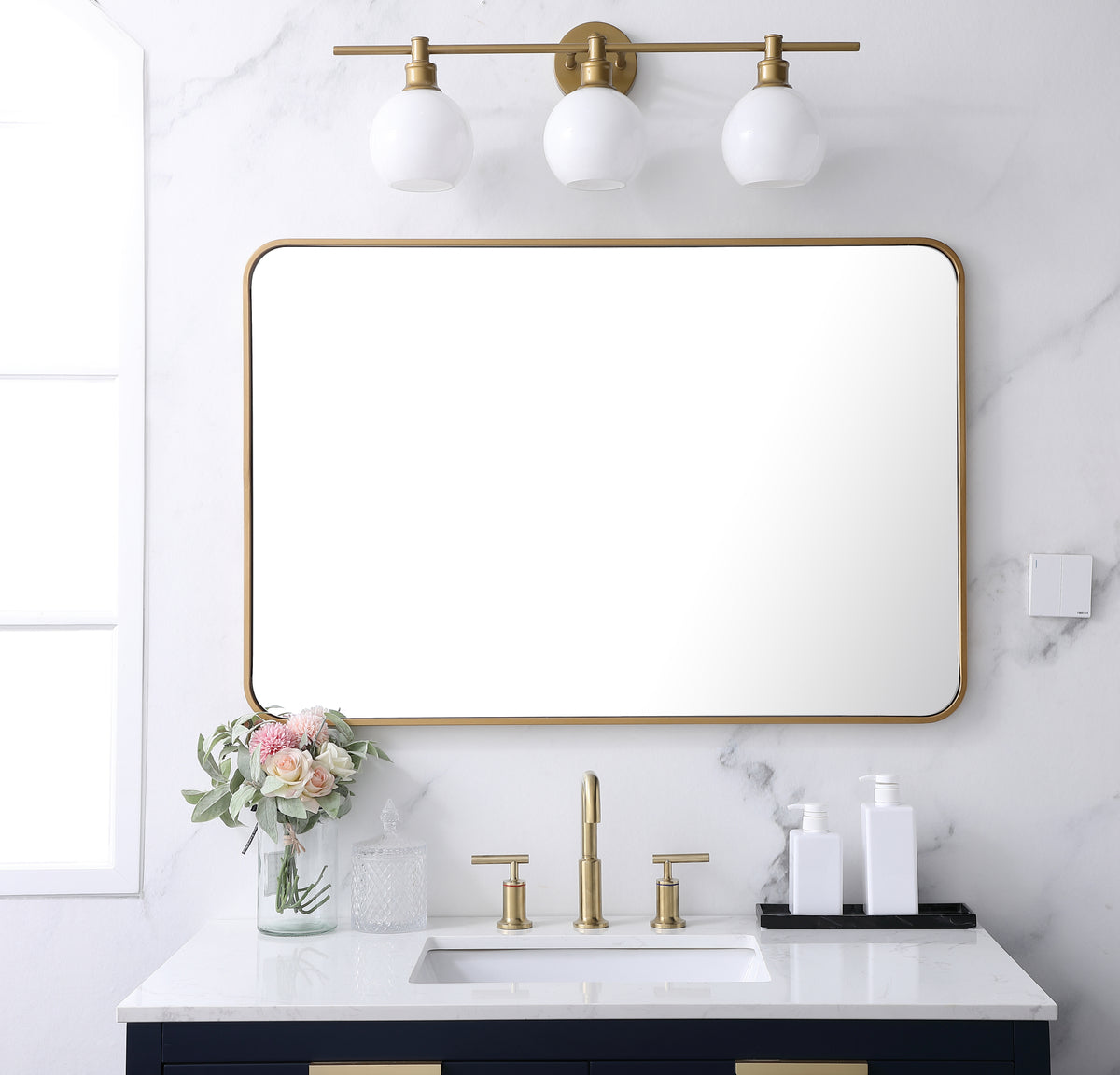 Soft corner metal rectangular mirror 27x40 inch in Brass