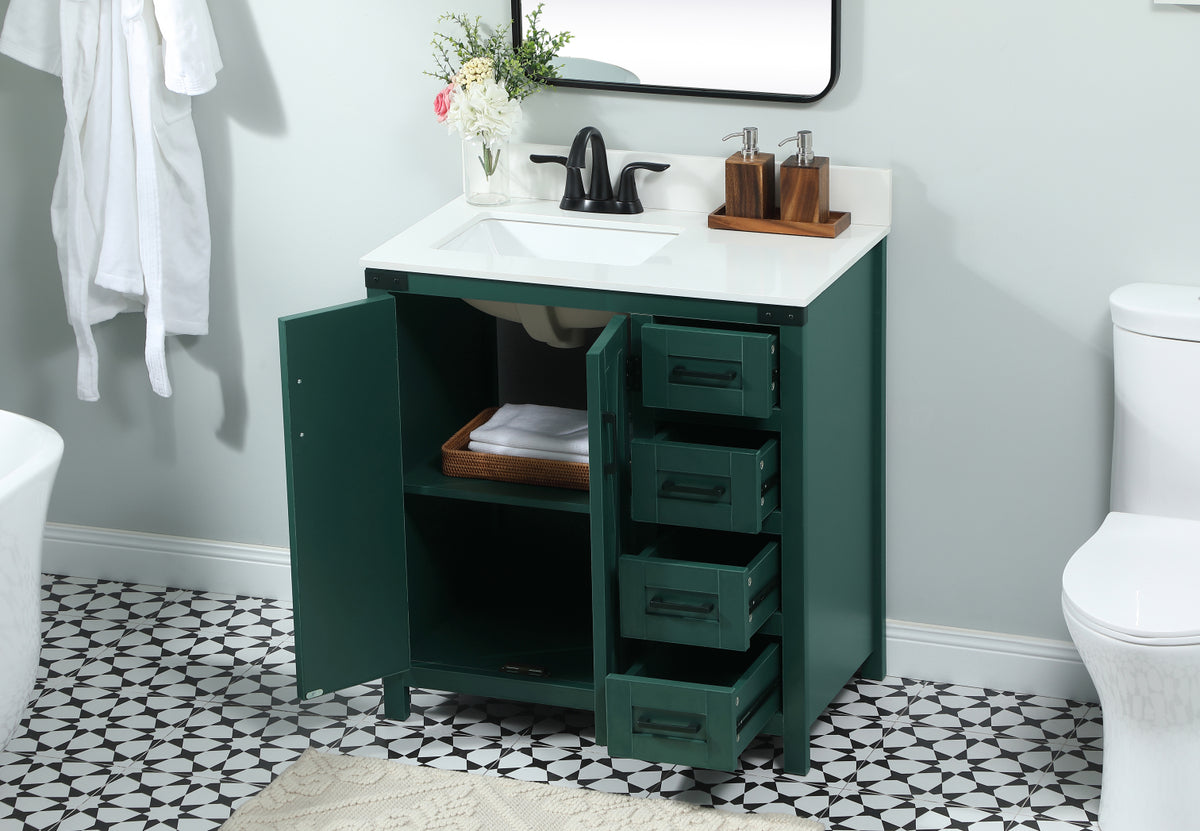 32 inch Single bathroom vanity in green with backsplash