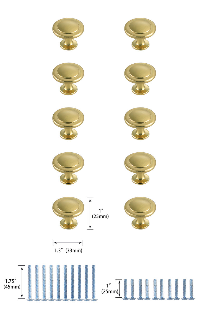 Logyn 1.3" Diameter Brushed Gold Mushroom Knob Multipack (Set of 10)