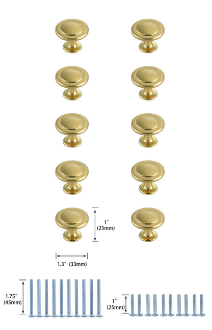 Logyn 1.3" Diameter Brushed Gold Mushroom Knob Multipack (Set of 10)