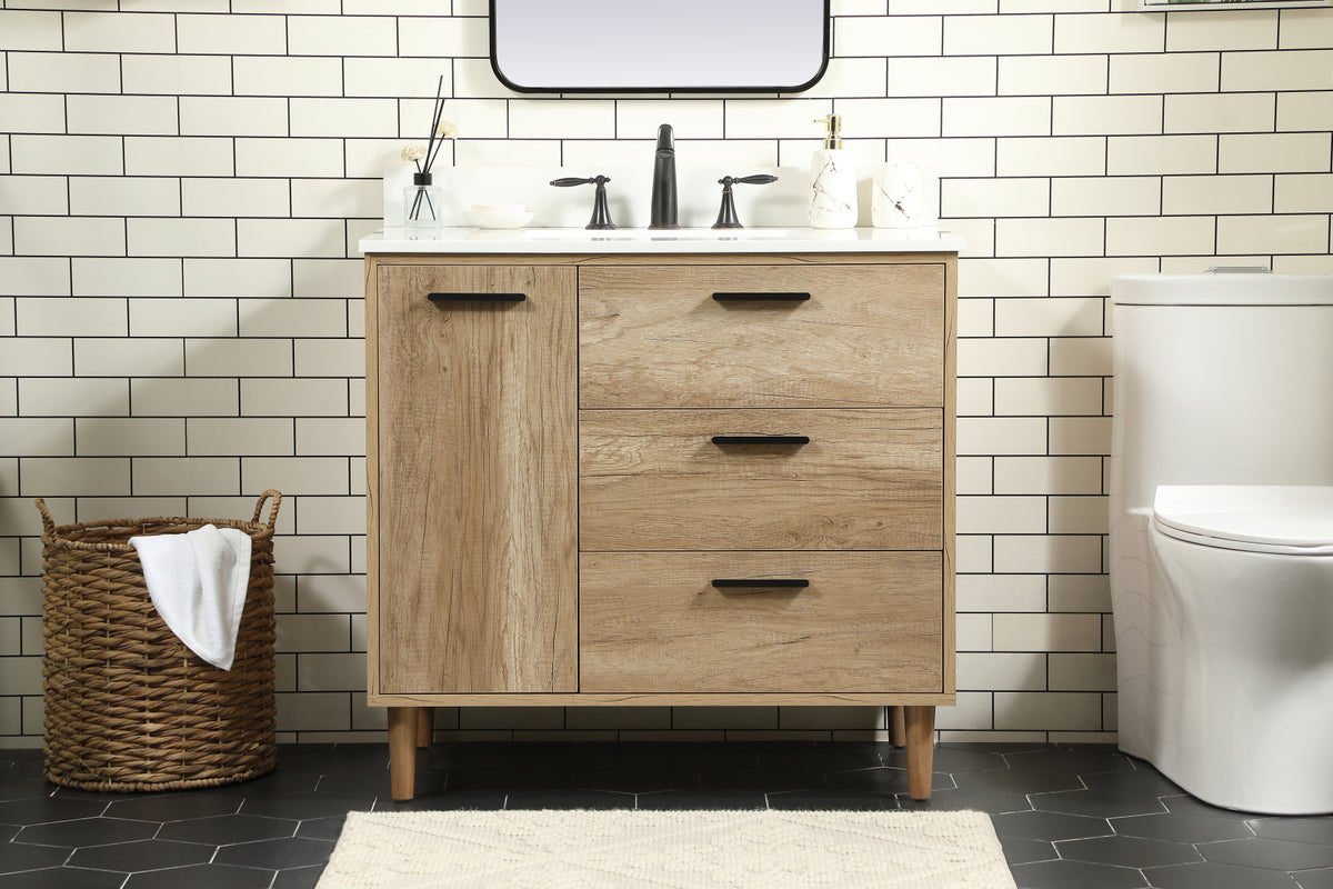36 inch Single bathroom vanity in natural oak with backsplash
