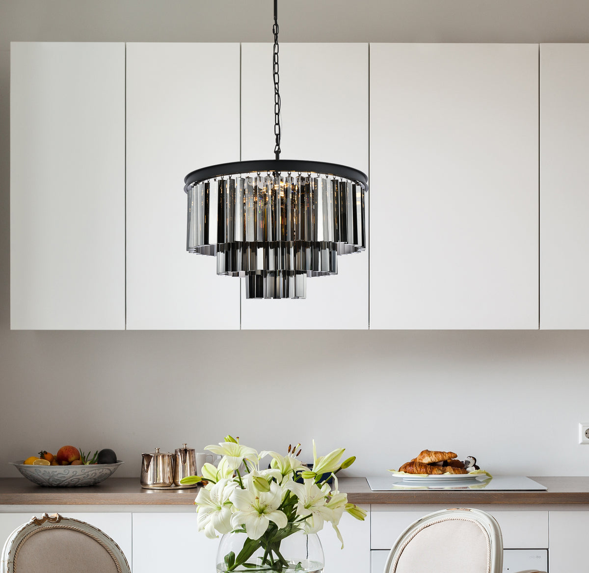 Sydney 9 light Matte Black Chandelier Silver Shade (Grey) Royal Cut Crystal