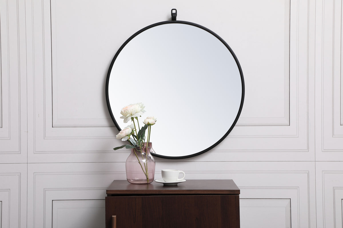 Metal frame round mirror with decorative hook 21 inch in Black