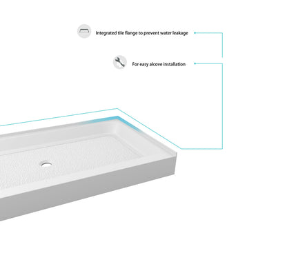 48x36 inch Single threshold shower tray center drain in glossy white