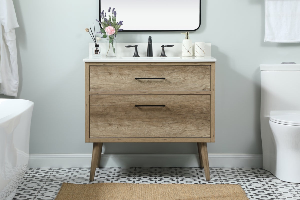 36 inch Single bathroom vanity in natural oak with backsplash