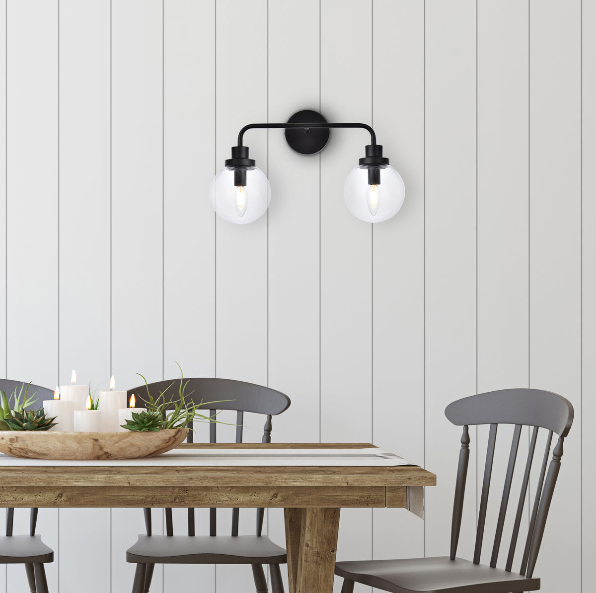 Hanson 2 lights bath sconce in black with clear shade