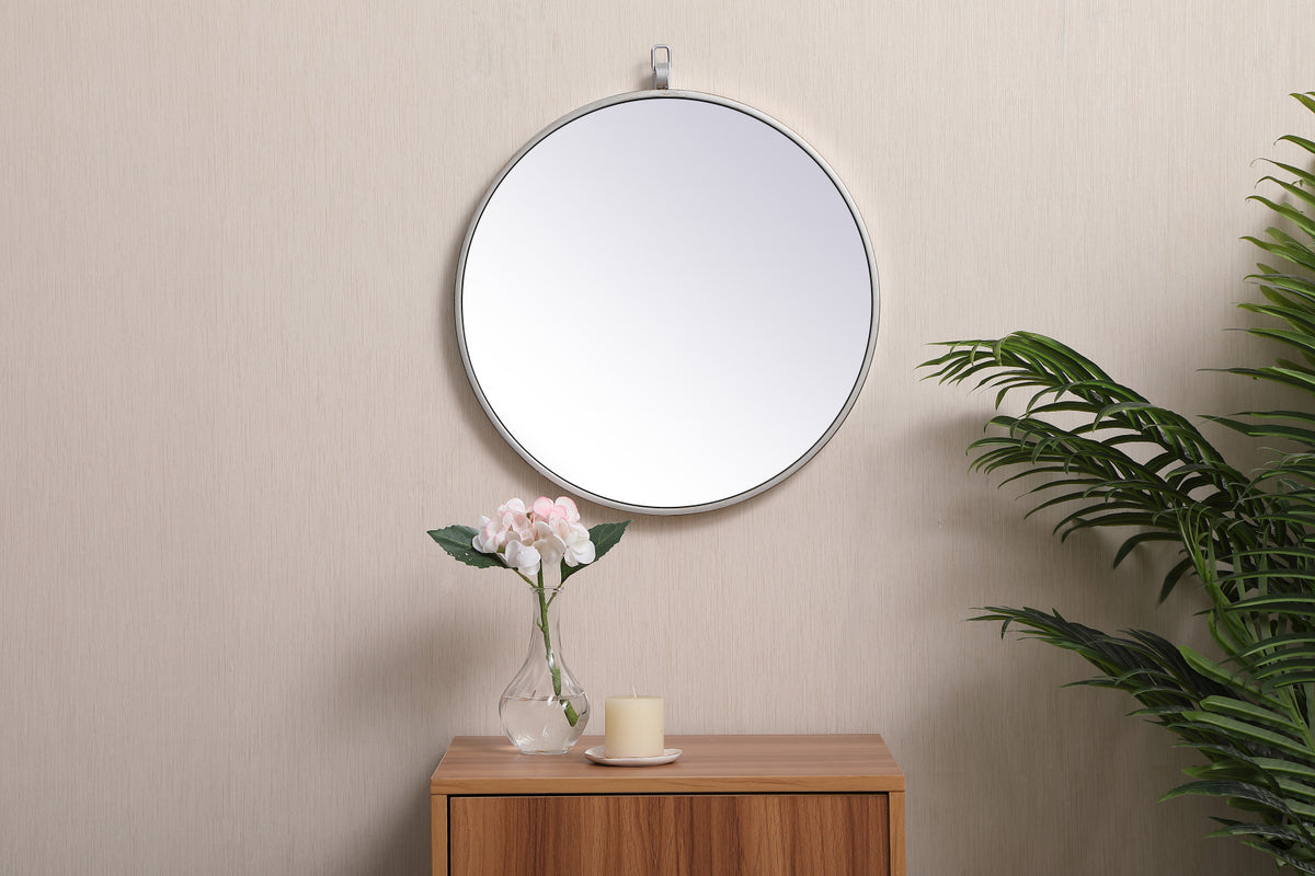 Metal frame round mirror with decorative hook 18 inch in silver