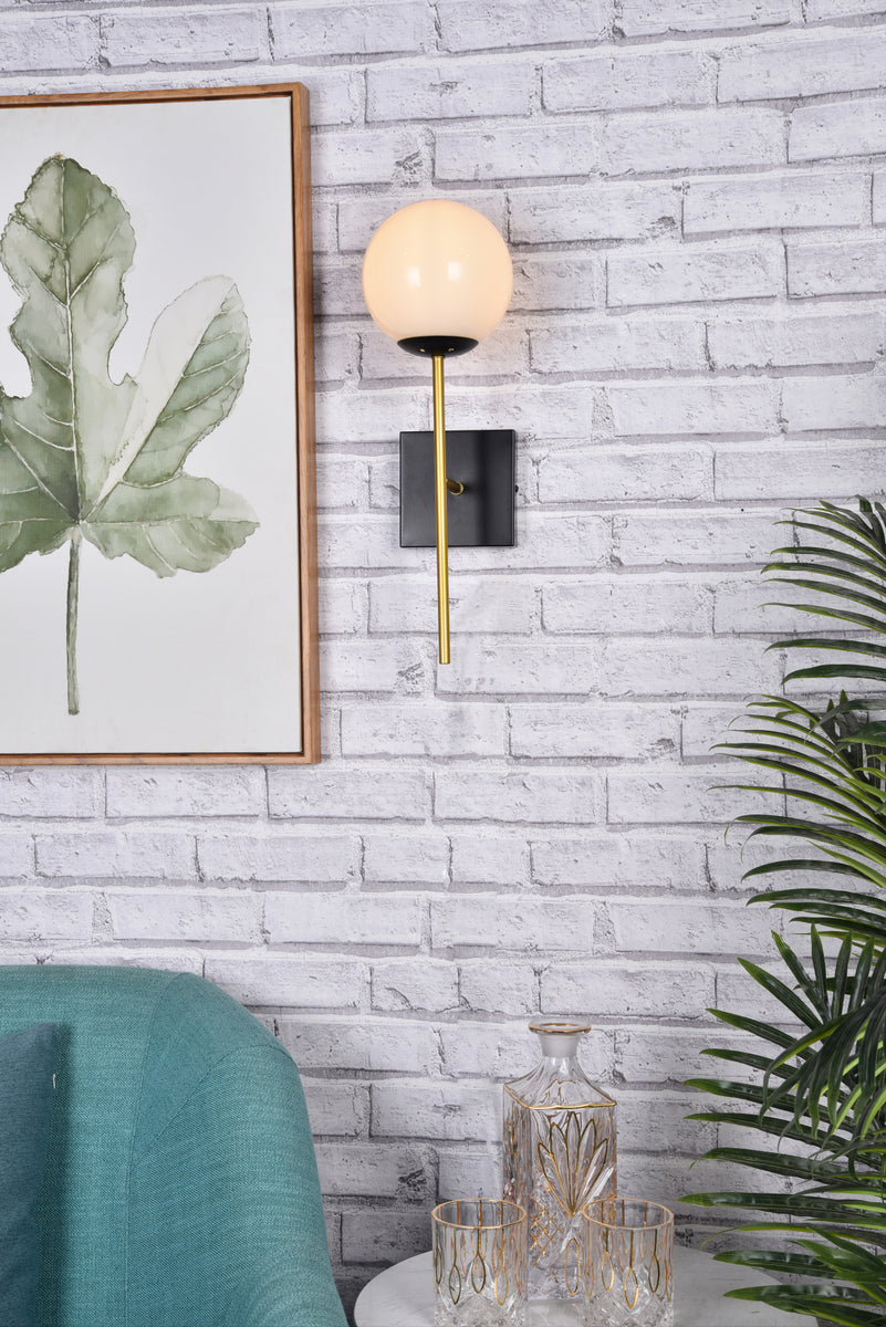 Neri 1 light black and brass and white glass wall sconce