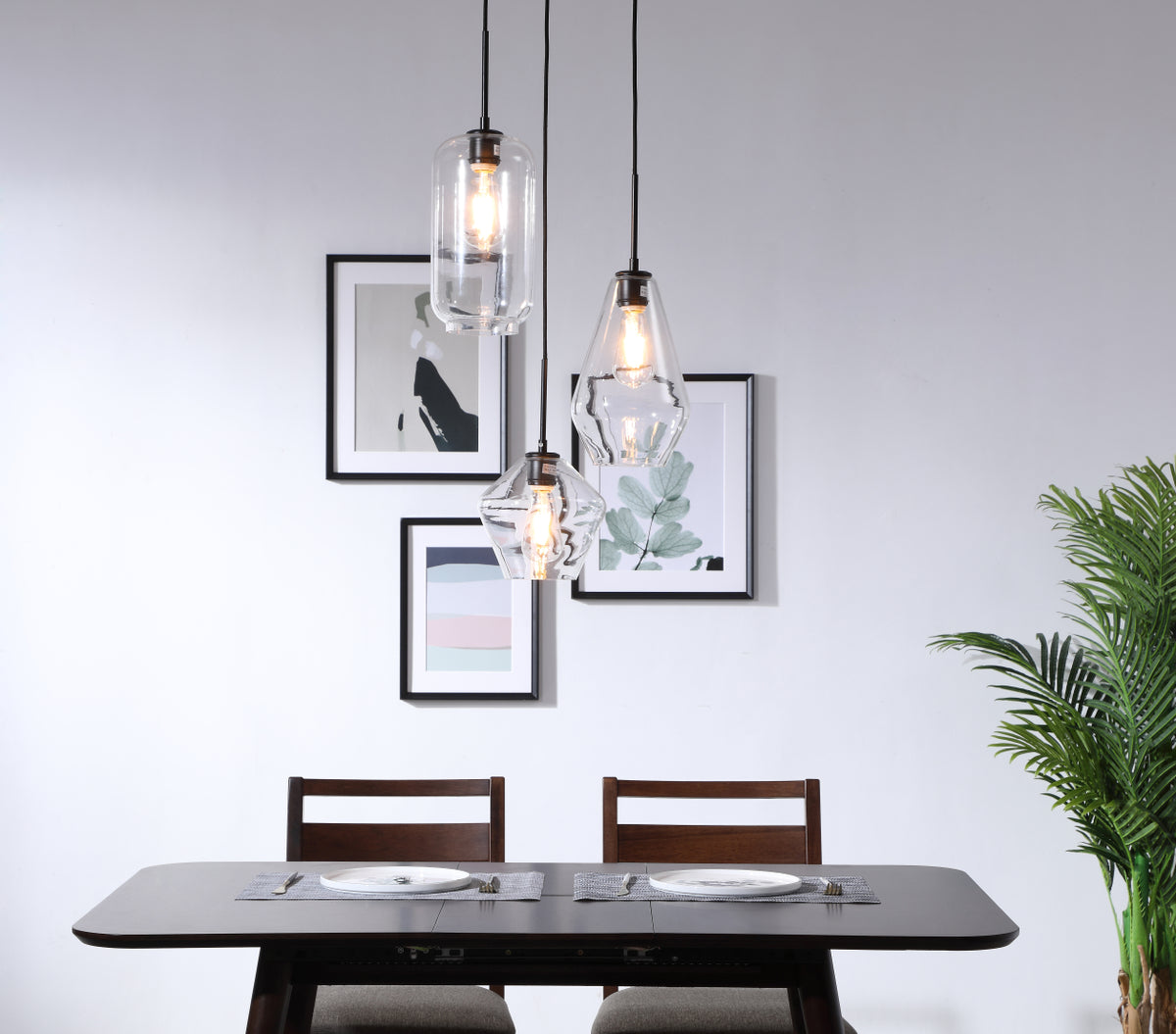 Gene 3 light Black and Clear glass pendant