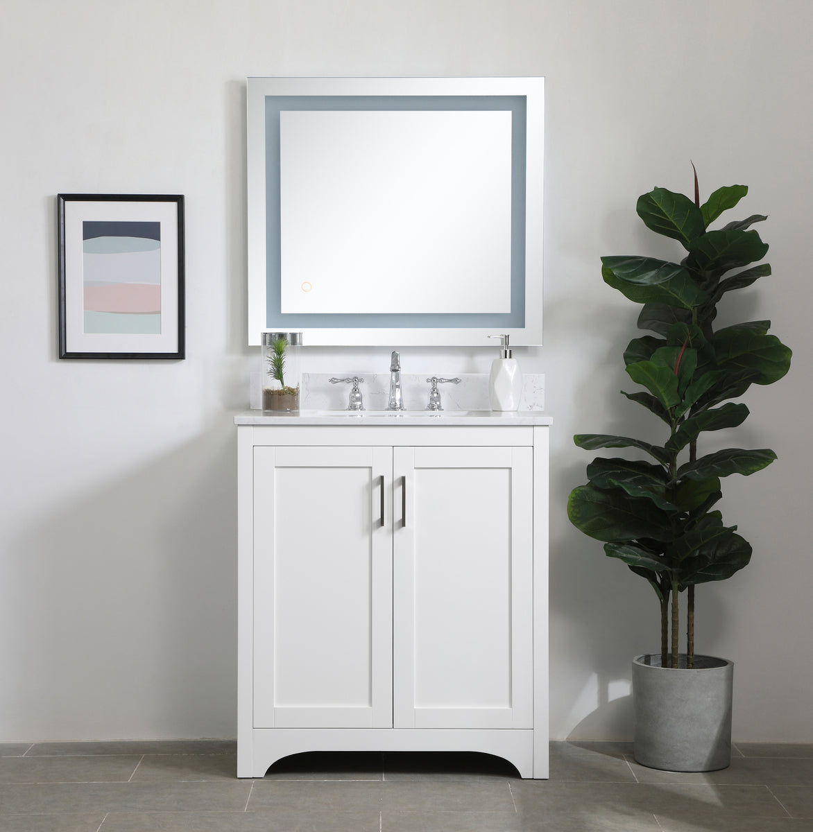30 inch Single Bathroom Vanity in White with Backsplash