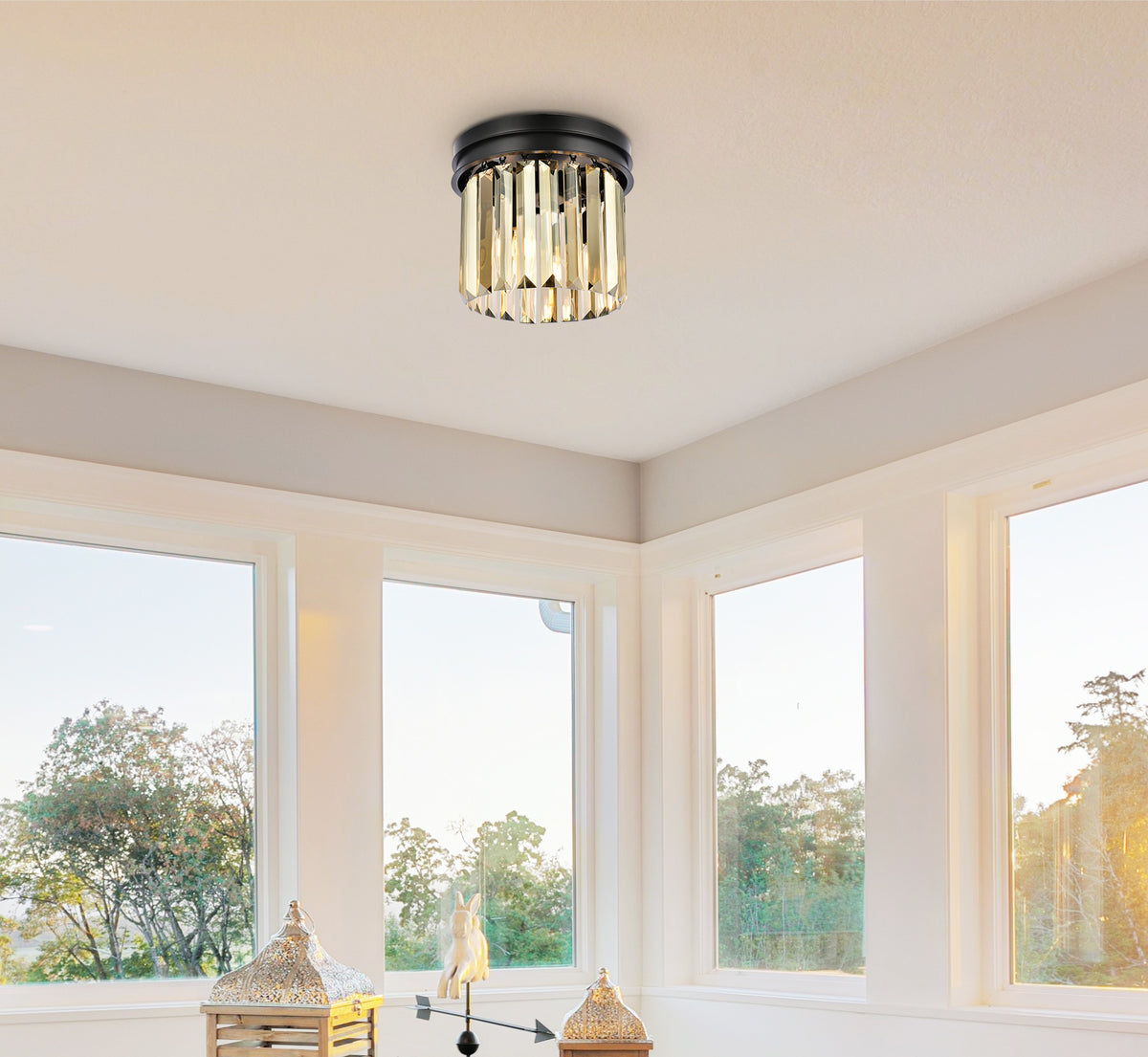 Sydney 3 light Matte Black Flush Mount Golden Teak (Smoky) Royal Cut Crystal