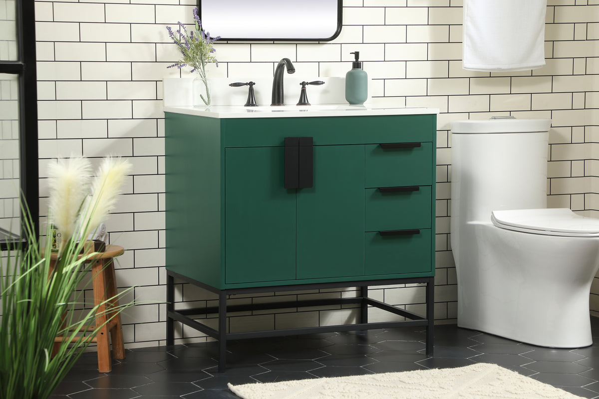 32 inch Single bathroom vanity in green with backsplash