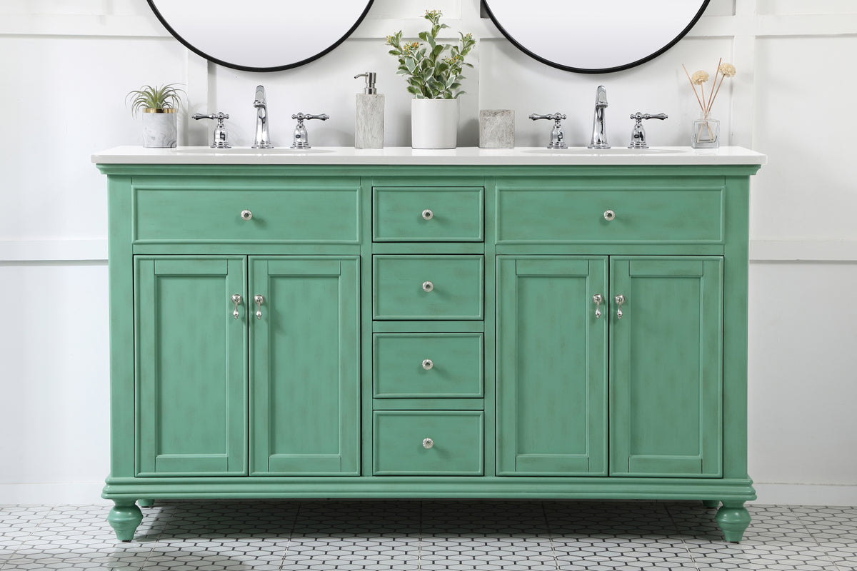 60 inch double Bathroom vanity in vintage mint with ivory white engineered marble