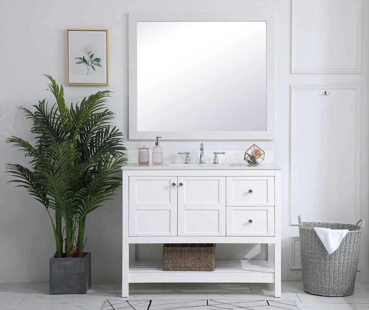 42 inch Single Bathroom Vanity in White with Backsplash
