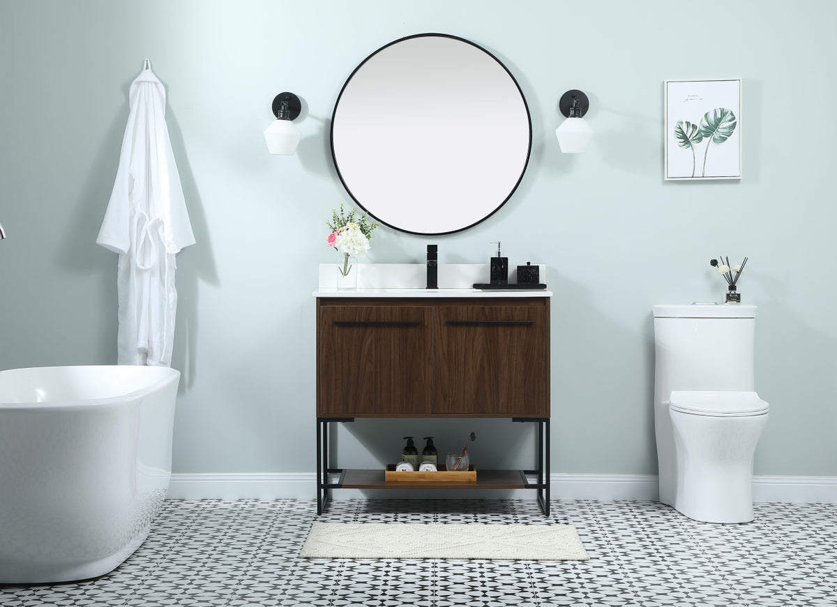 36 inch Single bathroom vanity in walnut with backsplash