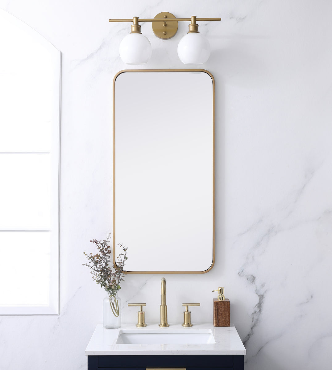 Soft corner metal rectangular mirror 18x36 inch in Brass