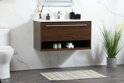 36 inch Single bathroom vanity in walnut with backsplash