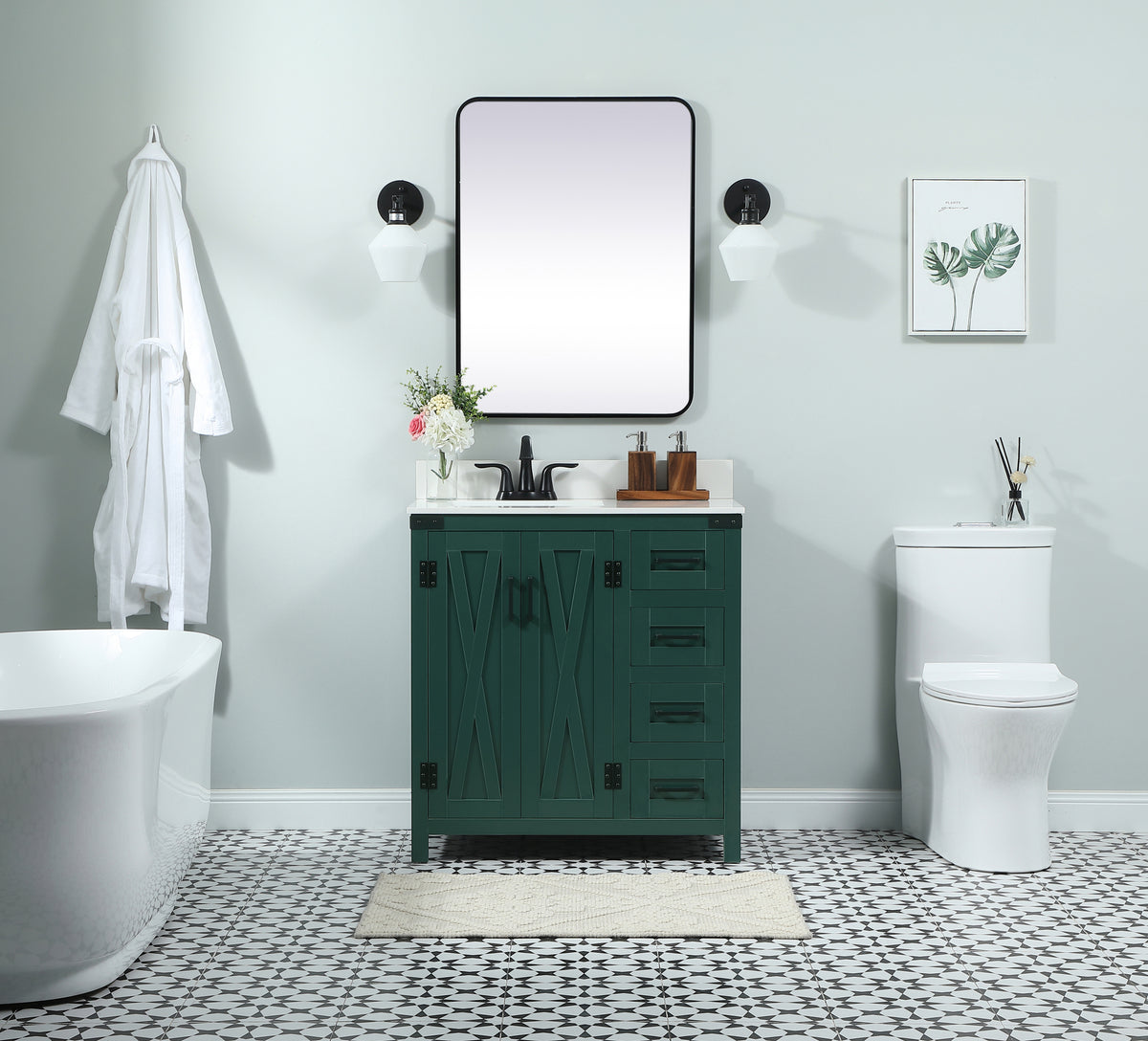 32 inch Single bathroom vanity in green with backsplash