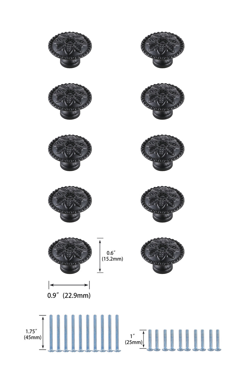 Corio 0.9" Diameter Matte Black Mushroom Knob Multipack (Set of 10)