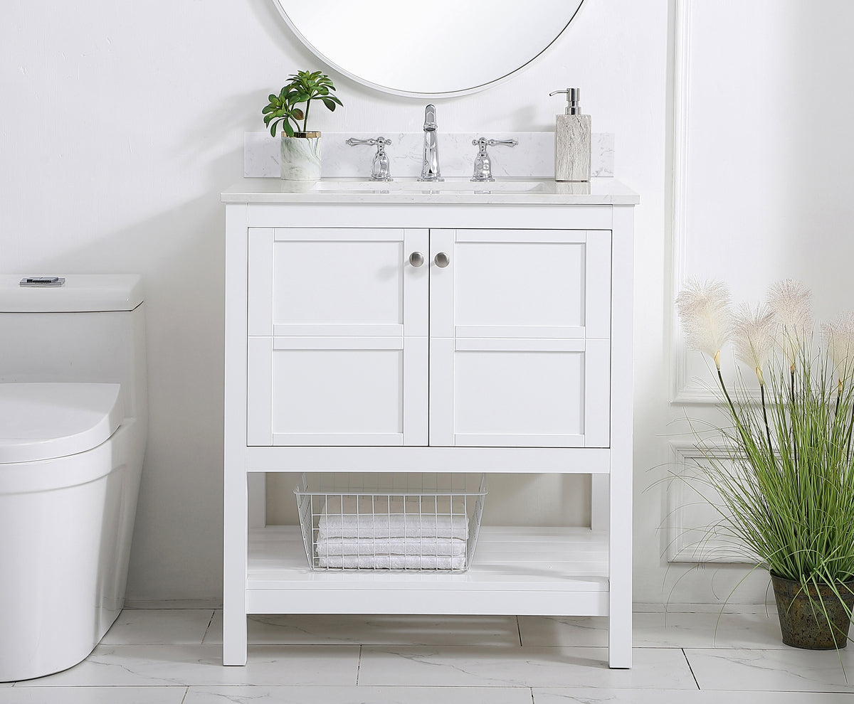 30 inch Single Bathroom Vanity in White with Backsplash