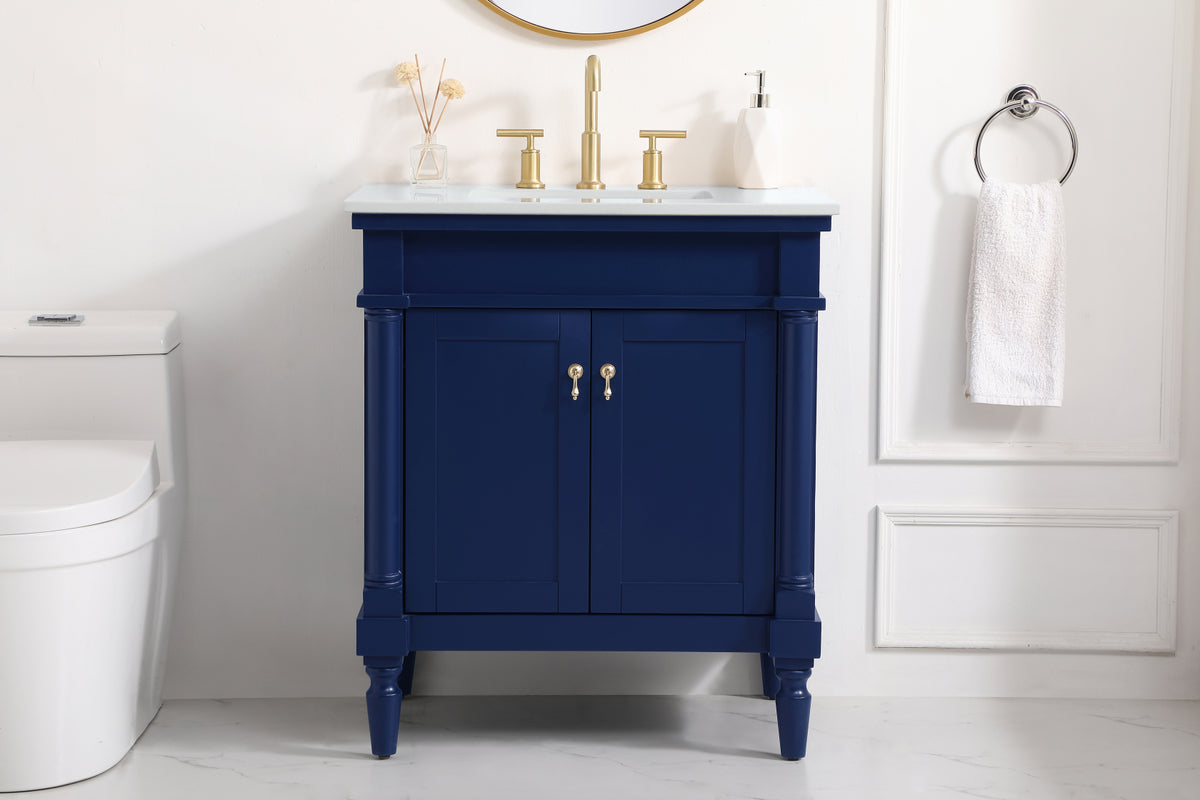30 inch Single Bathroom vanity in Blue with ivory white engineered marble