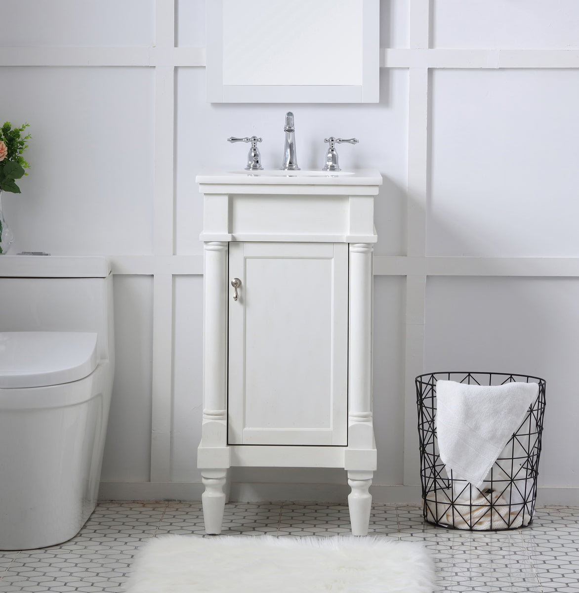 18 inch Single Bathroom vanity in antique white with ivory white engineered marble
