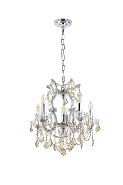 Maria Theresa 6 light Chrome Pendant Golden Teak (Smoky) Royal Cut Crystal