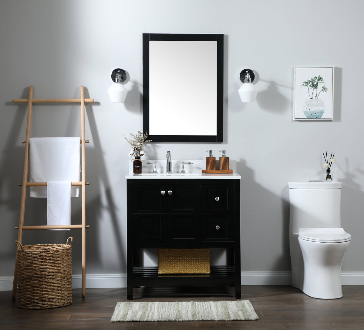 32 inch Single bathroom vanity in black with backsplash
