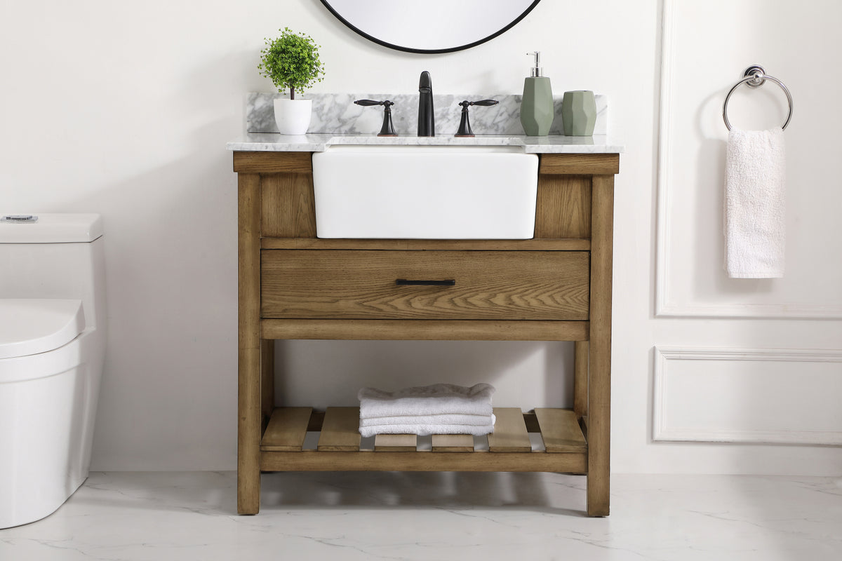 36 inch Single bathroom vanity in driftwood with backsplash