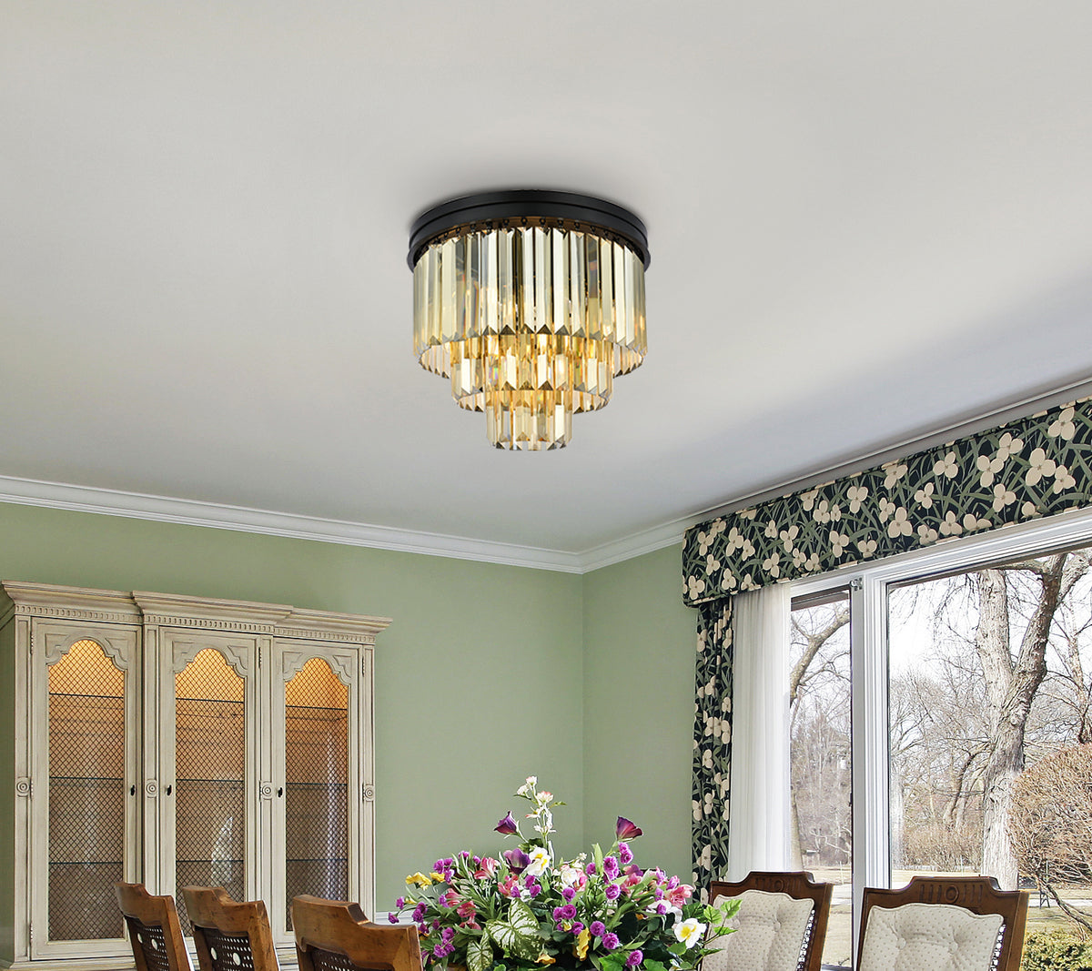 Sydney 9 light Matte Black Flush Mount Golden Teak (Smoky) Royal Cut Crystal