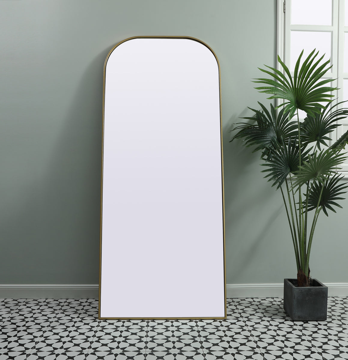 Metal Frame Arch Full Length Mirror 32x76 Inch in Brass