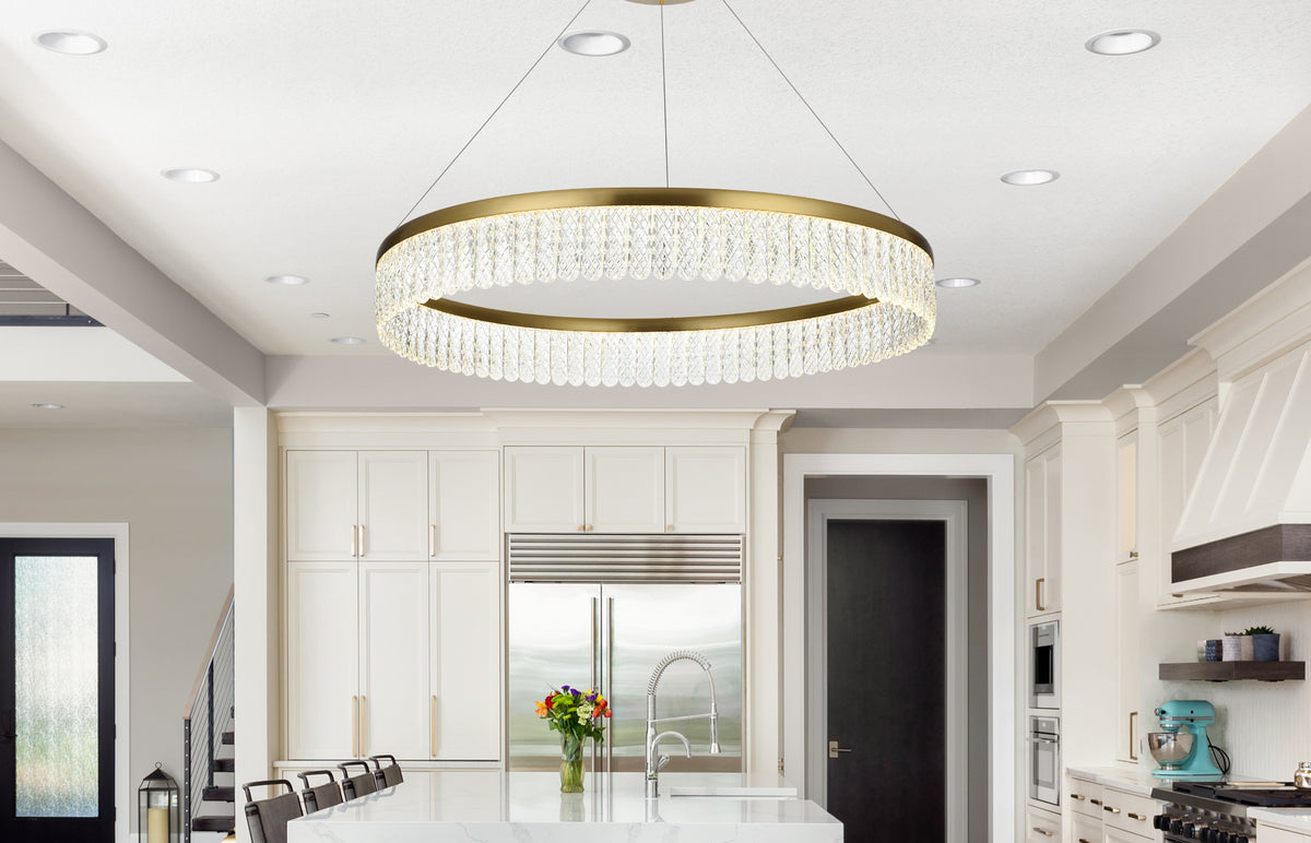 Rune 32 inch Adjustable LED chandelier in Satin Gold