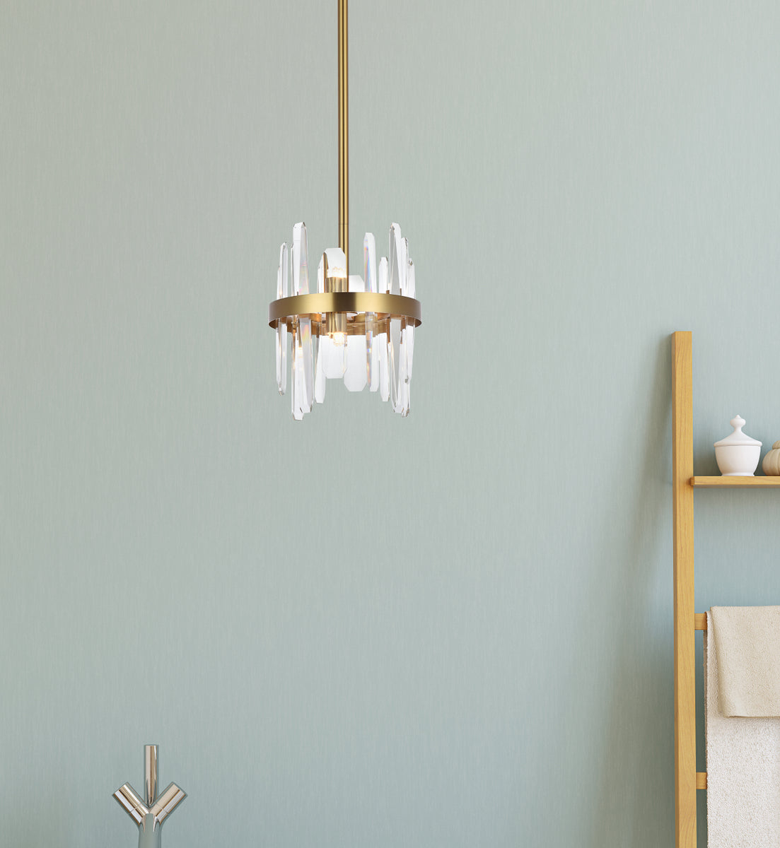 Serena 10 inch crystal round pendant in satin gold