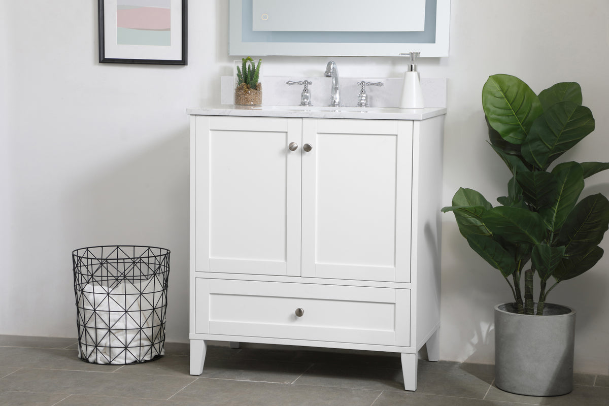 30 inch Single Bathroom Vanity in White with Backsplash