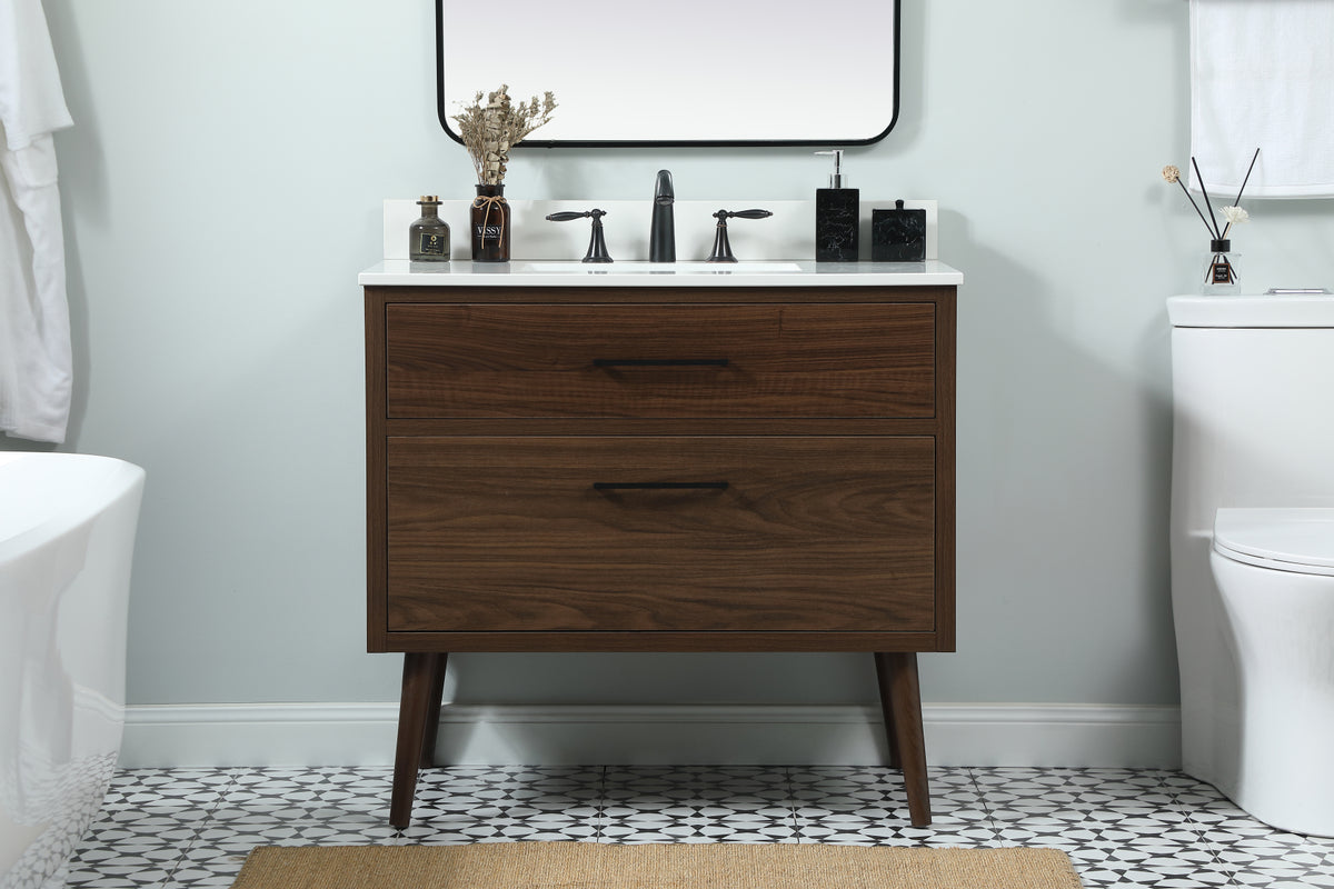 36 inch Single bathroom vanity in walnut with backsplash