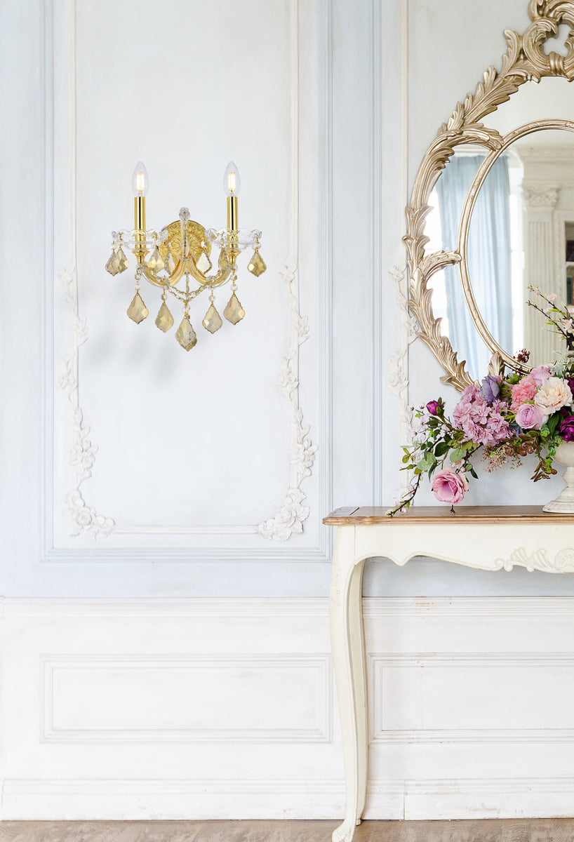 Maria Theresa 2 light Gold Wall Sconce Golden Teak (Smoky) Royal Cut Crystal