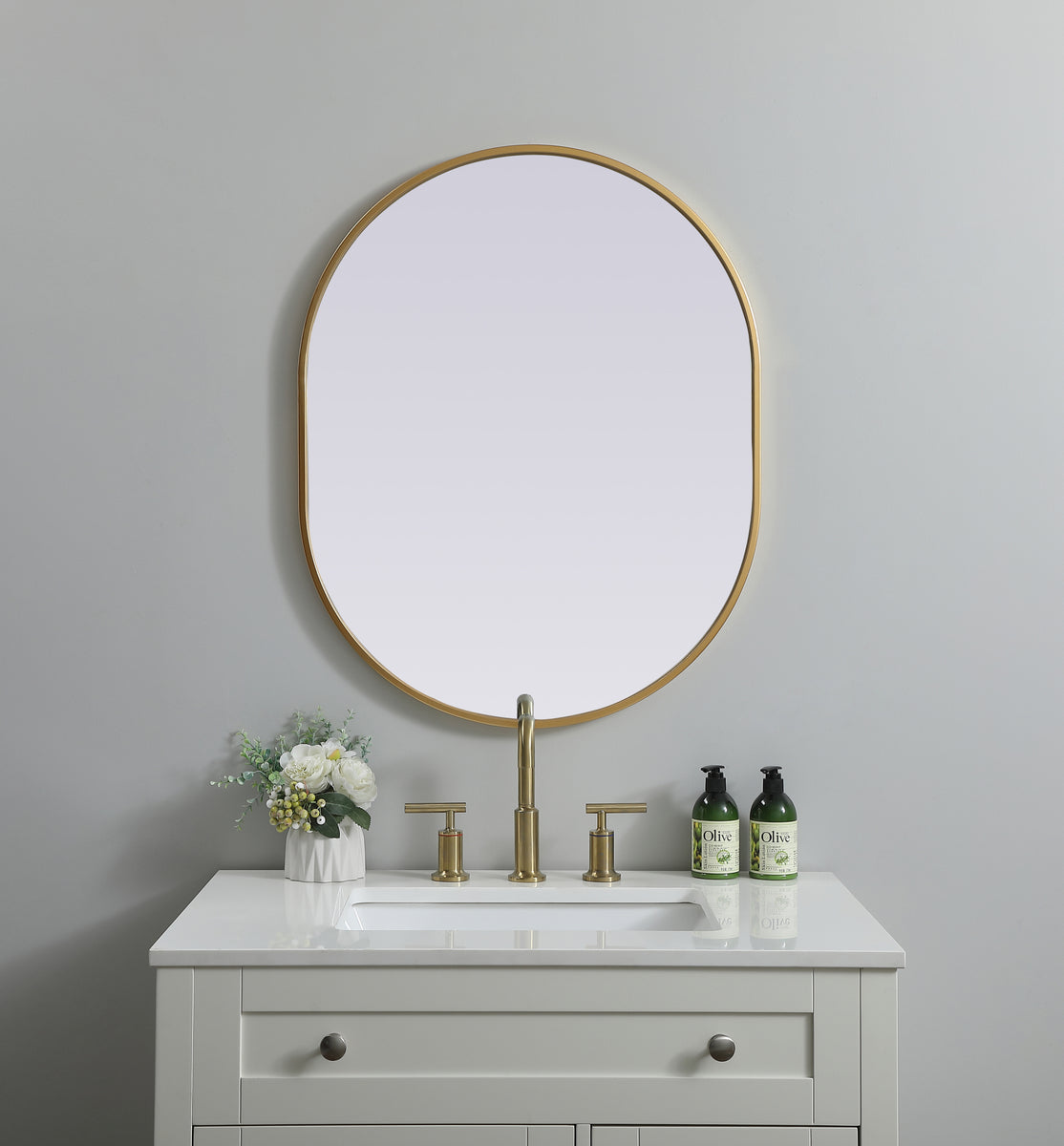 Metal Frame Oval Mirror 24x30 Inch in Brass
