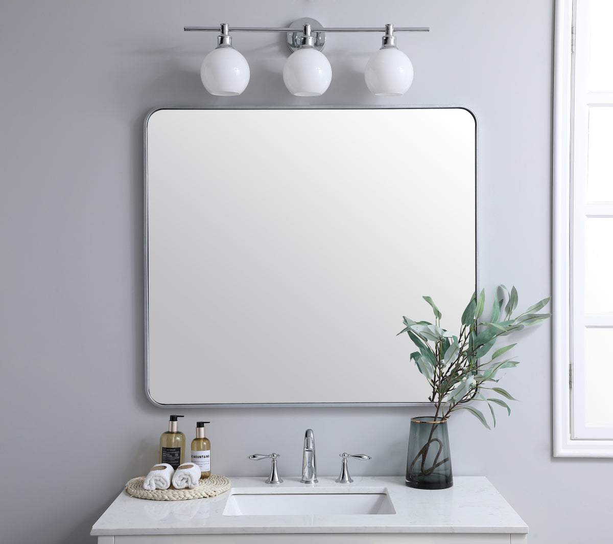 Soft corner metal rectangular mirror 36x40 inch in Silver