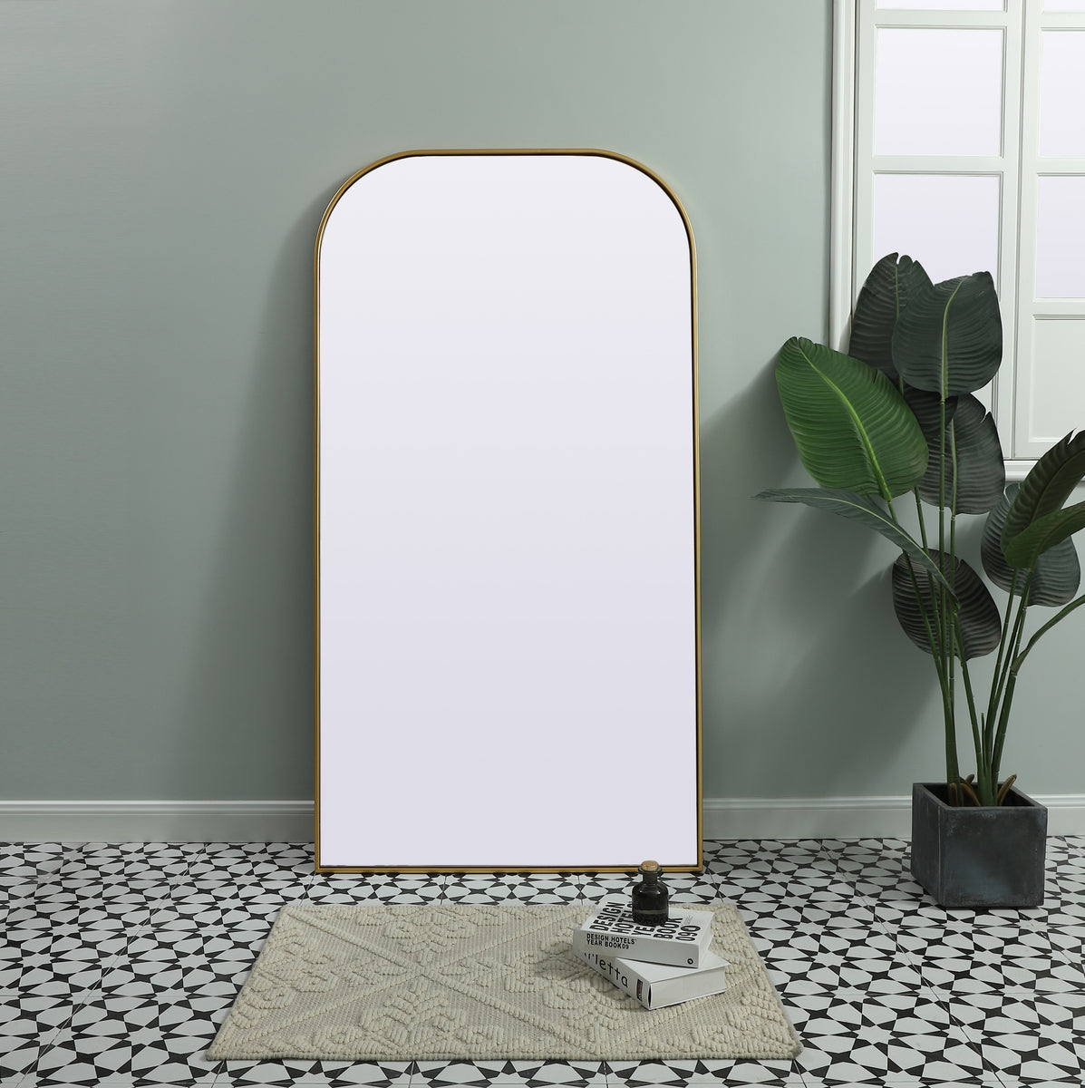 Metal Frame Arch Full Length Mirror 35x66 Inch in Brass