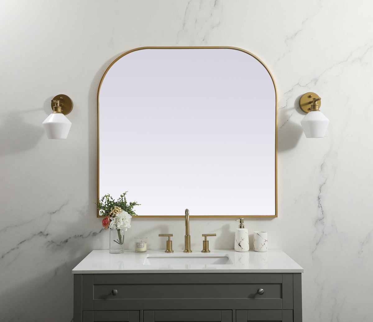 Metal Frame Arch Mirror 40x38 Inch in Brass