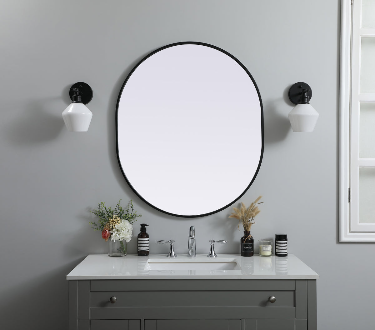 Metal Frame Oval Mirror 30x36 Inch in Black