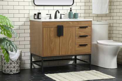 36 inch Single bathroom vanity in walnut brown with backsplash