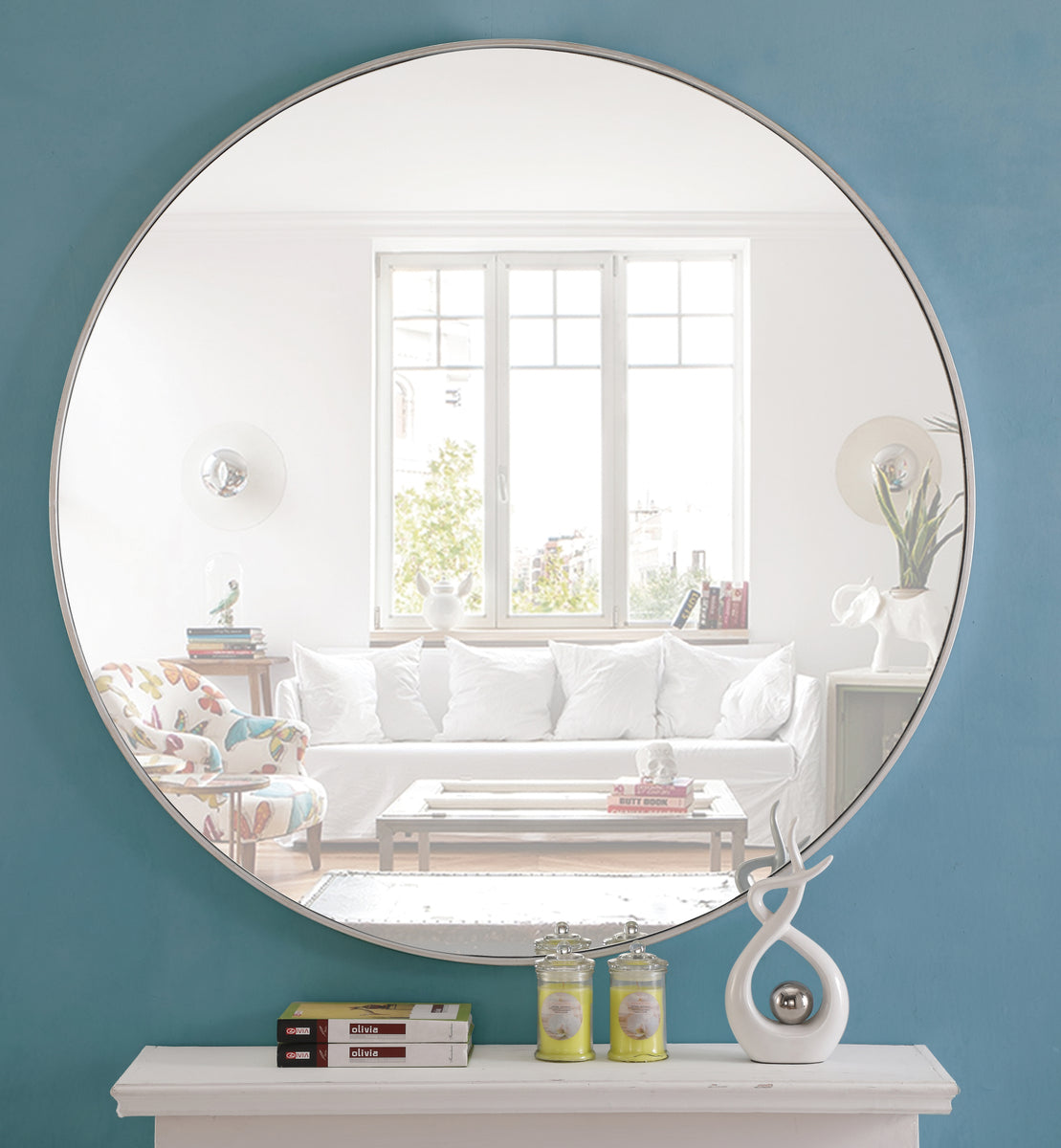 Metal frame Round Mirror 48 inch Silver finish