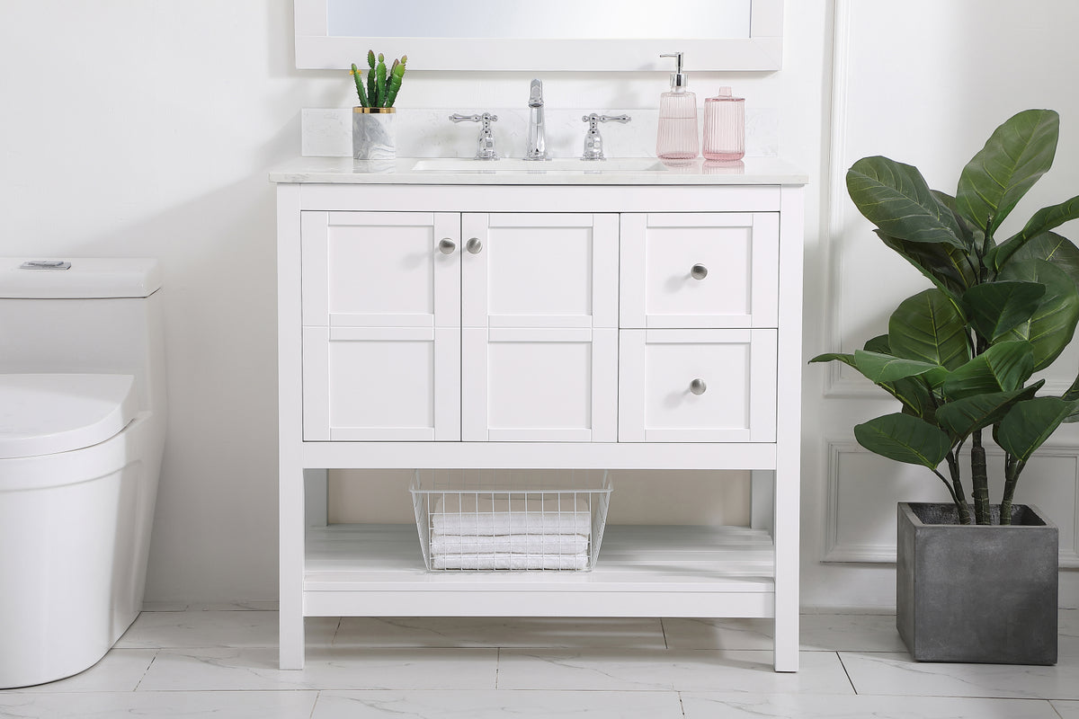 36 inch Single Bathroom Vanity in White with Backsplash